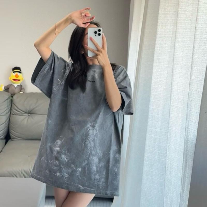 プルオーバー 男女兼用 彩綿 半袖 トップス 美式 墨付き風 幾何学学飾りつけ 刺しゅう 不都合産業 ウォッシュ産業 表どおり 労働者の一団のど首 カットソー 薄墨色