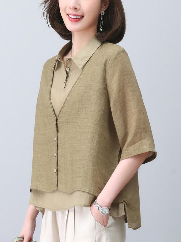 プルオーバー レディース 半袖 苧麻 夏物 トップス うつり変わり 襟付き添い人 ゆったり 心地よい 韓国 オレンジ色 緑であること