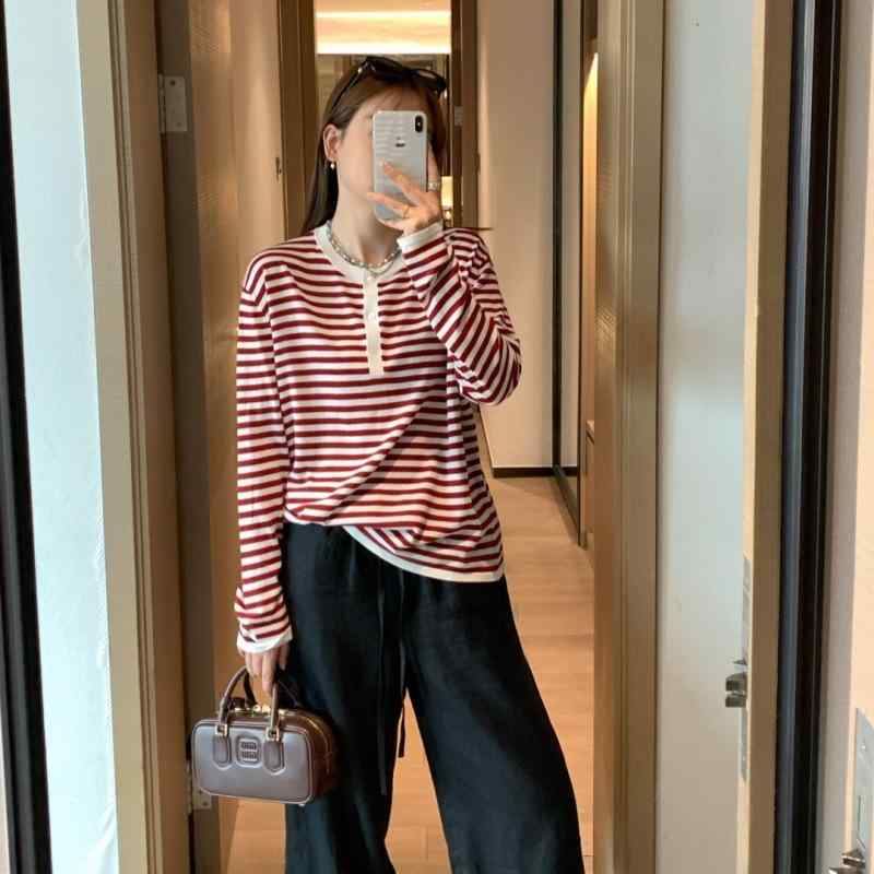 ティーシャツ レディース 長袖 トップス 春夏 天竺編み 間借り人柄 カットソー 丸首 当たること冷感 吸湿性 直筒型 黒白縞模様 赤縞模様