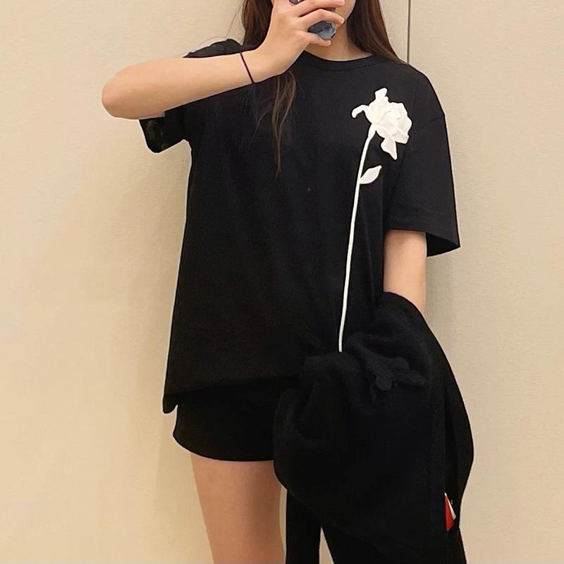 プルオーバー レディース 半袖 ゆったり トップス 立体 花柄 色彩設計 ラウンドのど首 愛くるしげ 今めかしい 心地よい 韓国 ポリエステル