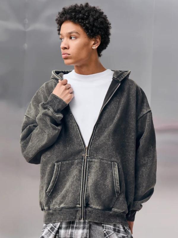 パーカー 成人男性用 美式 レトロ ジップアップ 汗水 フーディ 厚地の外套大きさ ゆったり 好一対 年月 綿織物 ウォッシュグレー3