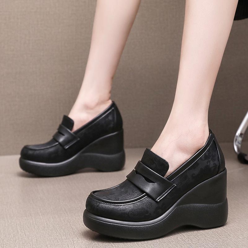 置き目毛革 レディース 厚底 platform shoes スリッポン ラウンドトゥ 牛皮 高踵 ウェッジソール 雨合羽 烏兎 黒いこと 32 33 34 35 36 37 38 39 40 41 42 43