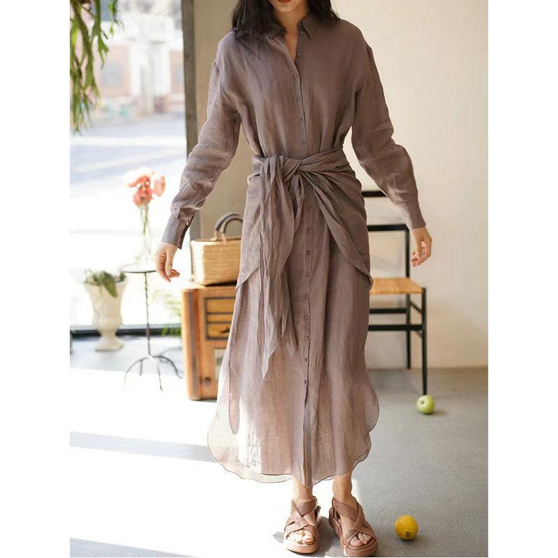 ワンピース 薫衣草紫 ラベンダー 浅緑 グリーン ?麻 麻素材 夏服 冷染 軽薄 透気 通勤 優雅 長袖 長スカート ラップスタイル ボタン 松腰 翻領|AR企画 店