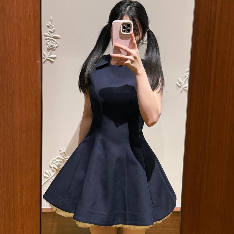 ワンピース レディース ノースリーブ Aライン ハイウエスト ギャザー ショート丈 チュールスカート 膝上丈 きれいめ 上品 エレガント フェミニン 大人かわいい おしゃれ 通勤用 普段使い デート 春夏用 ネイビー 紺 M L M L XL LL 2X|AR企画 店