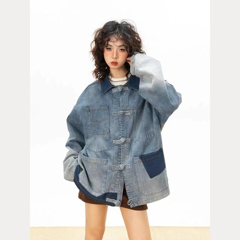 ジャケット レディース 新チャイナ風 デニムジャケット ゆったり ルーズフィット オーバーサイズ 長袖 中華デザイン 青 ブルー 春秋アウター 普段使い お出かけ カジュアル Gジャン ブルゾン