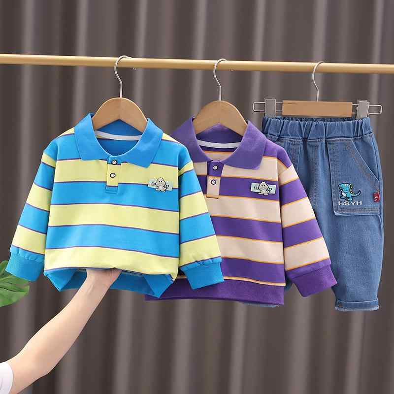 キッズ 男の子 セットアップ 上下セット 秋 ストライプ ボーダー 襟付き スウェット トレーナー 長袖 長ズボン 綿混 韓国風 カジュアル 普段着 柔らかい