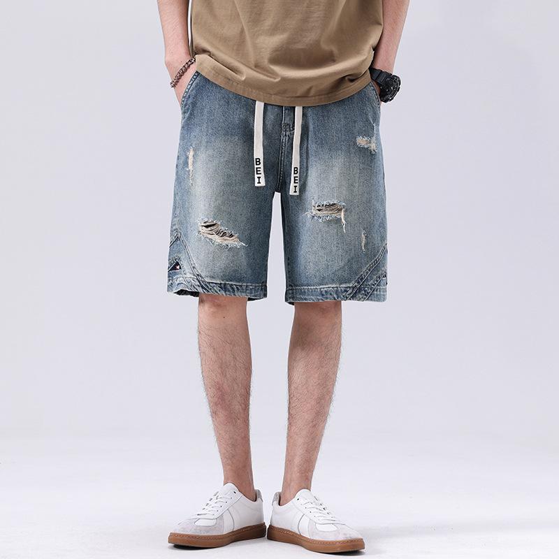 メンズ デニム ハーフパンツ 春夏 ウォッシュ加工 ダメージ加工 クラッシュ ゆったり ルーズフィット アメリカンストリート ヴィンテージ 綿素材