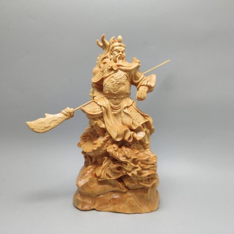 置物 龍乗り 関羽像 12cm 崖柏 木彫り 手彫り 精巧 武神 商売繁盛 開運 ラッキーアイテム 縁起物 リビング 玄関 オフィス デスク インテリア