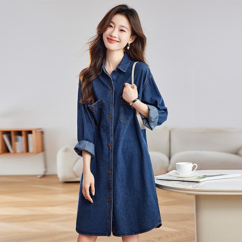 トップス レディース 韓国風 春夏 ウォッシュブルー ゆったり ロング丈 シャツカラー 長袖 デニムシャツ カジュアル 羽織り 普段使い