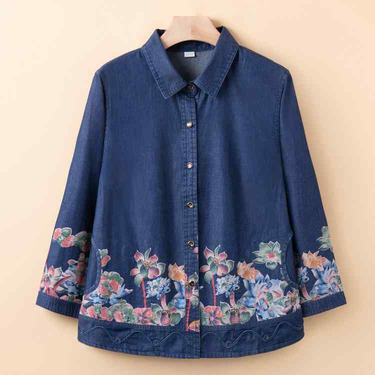 シャツ ミセス 女性用 春秋 アウター ジャケット トップス 綿 コットン 高級感 ポケット付き 快適 普段使い 通勤 デニムブルー 体型カバー ゆったり 大人カジュアル