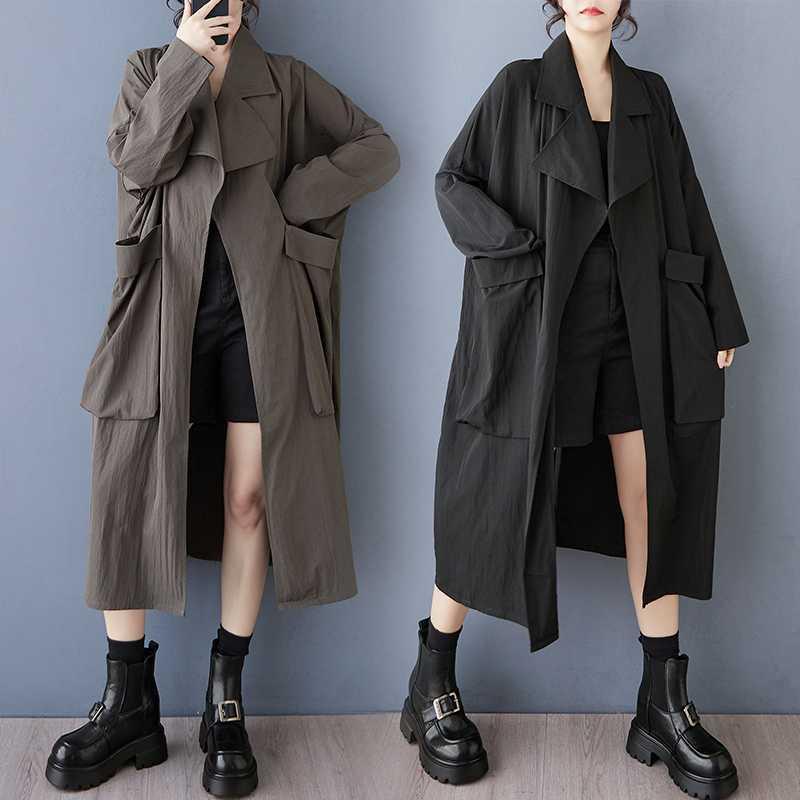 ワンピース レディース トレンチコート ゆったり ビッグシルエット 切り替え 長袖 シンプル カジュアル かわいい フェミニン 春秋 アクリル テーラードカラー ラグランスリーブ ブラック ミリタリーグリーン
