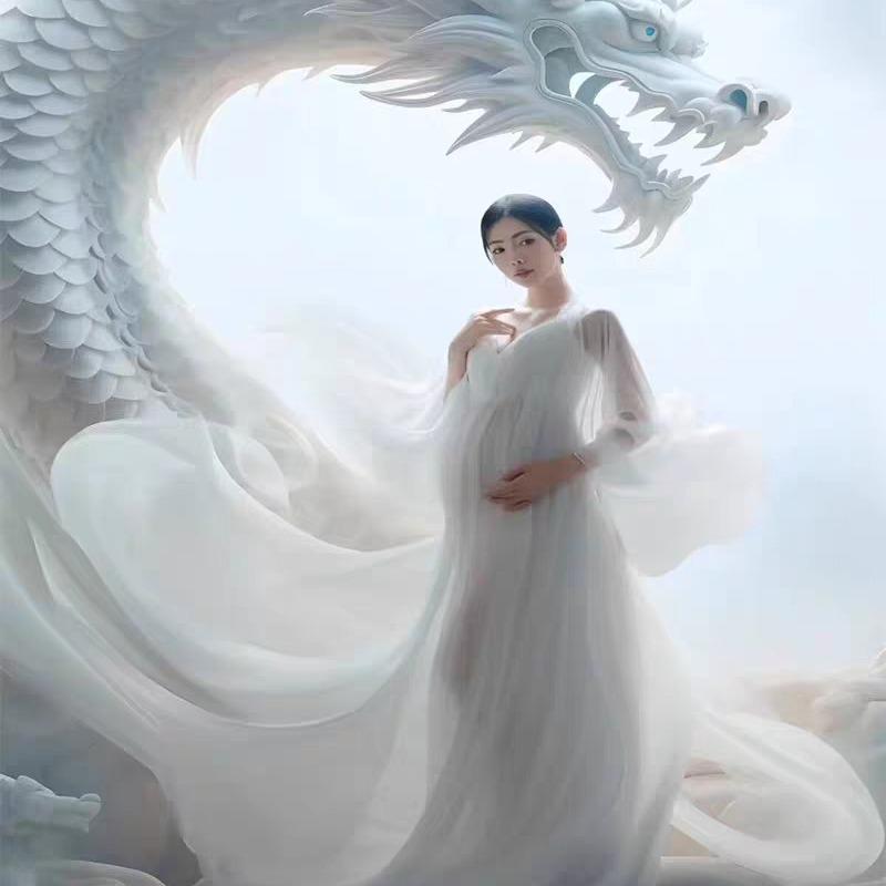 御召しもの 妊婦 マタニティ レディース マタニティフォト 制作室映画化 祝する映画化 白 シフォン ロング丈 長袖 太陽フレア袖 雅びやか 雅びやか 清楚 A伝達ルート 衣裳