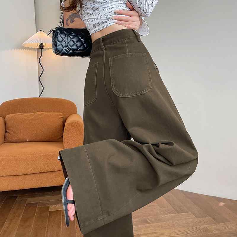 ジーンズ レディース ワイドレッグパンツ ご機嫌酉の方角 ゆったり 体型覆いかぶせる 美脚 カーキ赤銅色 秋冬 ロングズボン下 綿 ポリエステル(x2)