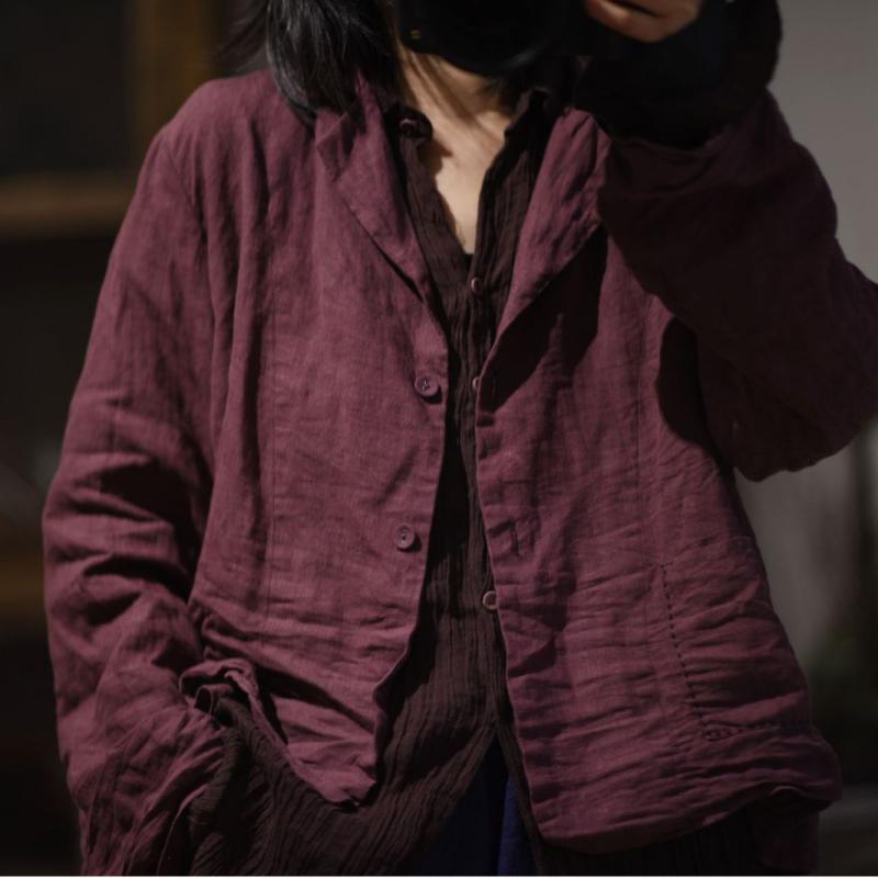 ジャケット レディース リネン 麻 長袖 ショート丈 砂洗い加工 無地 ブラック 黒 墨緑 ワインレッド オレンジ 浅グレー ポロ襟 文芸風 レトロ(x2)