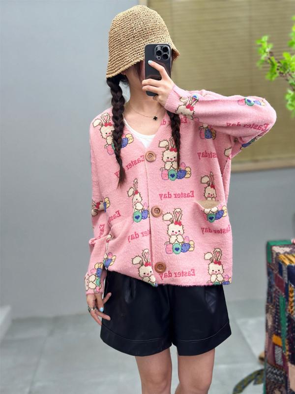 ニット レディース カーディガン 秋冬 Vネック ゆったり ファー タッチ アクリル 長袖 プリント 普段使い デイリー(x5)