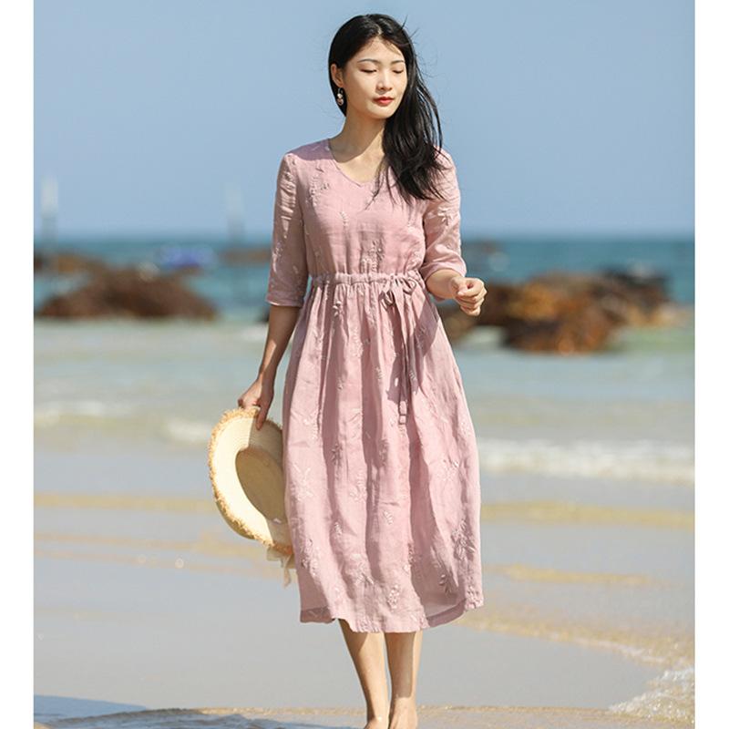 衣装 レディース 刺? Vのど首 半袖 上衣 大?裙 ?麻 中 длинный 春夏 桃サクラ色系(x3)