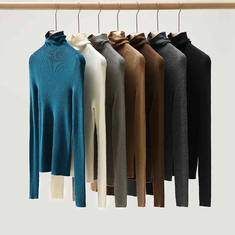 編み物 レディース 絨毛 羊毛  トップス 秋冬 シームレス ハイネック 無地 か細い 長袖 カットソー ティーシャツ 螺?編み ?色 カフェオレ色 乳汁白いこと 白 象薄墨色 薄墨色 トープ ?色 レトロブルー 青 ヘップバーンブラック 黒(x2)