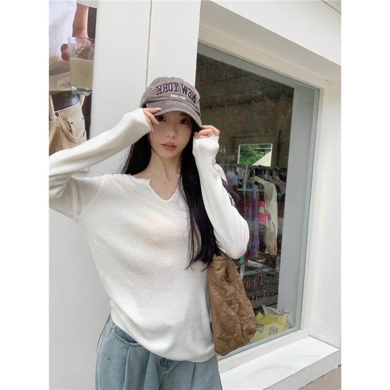 Tシャツ レディース Vネック 長袖 プルオーバー ポリエステル 無地 ニット トップス カットソー 伸縮性 ストレッチ ゆったり 普段使い 着痩せ(x3)