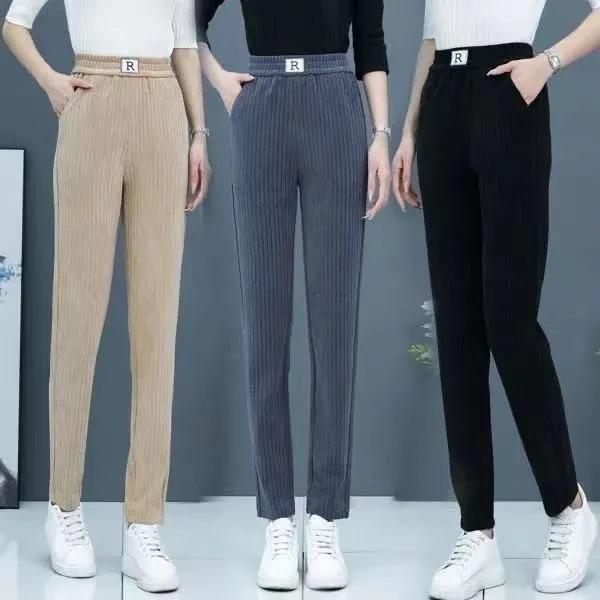 パンツ レディース シェニール コールテン 裏起毛 あったか ハーレムパンツ カジュアルパンツ 伸縮性 ストレート 厚手 ブラック グレー ベージュ コーヒー 燕麦色2