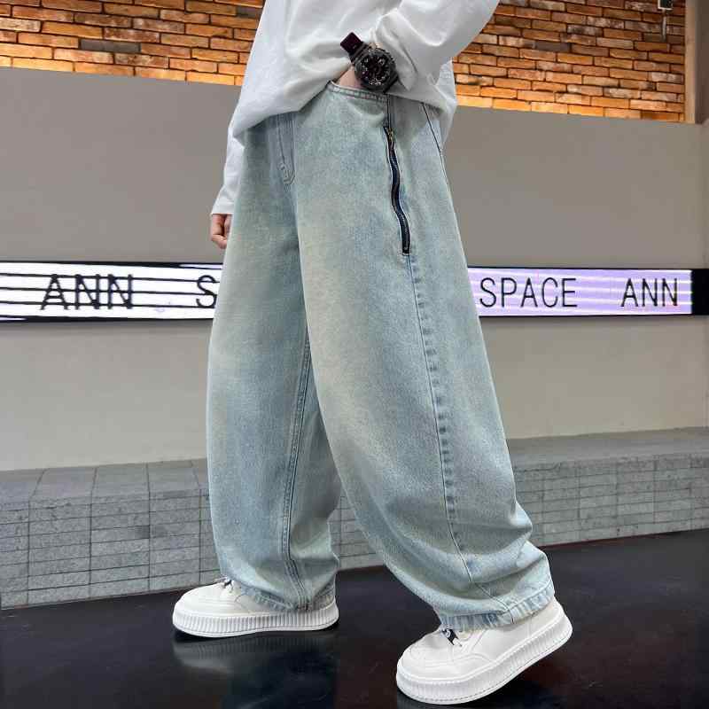 デニムパンツ 男の子 男児 小中学生 ジュニア 春秋 カジュアル 長ズボン 綿 ソフト ブルー ハイウエスト 韓国系 おしゃれ 通学 普段使い ボ