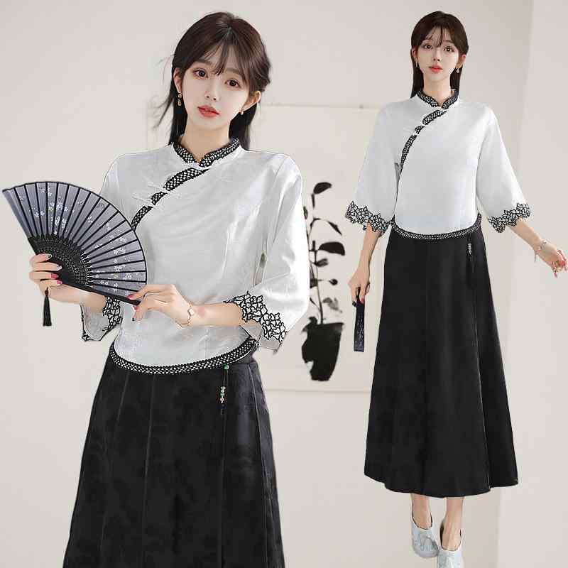 トップス レディース 新チャイナ風 レトロ エスニック 上品な茶服 禅意スタイル ジャガード織柄 チャイナボタン 七分袖 ブラウス ポリエステル ホワイト 春夏