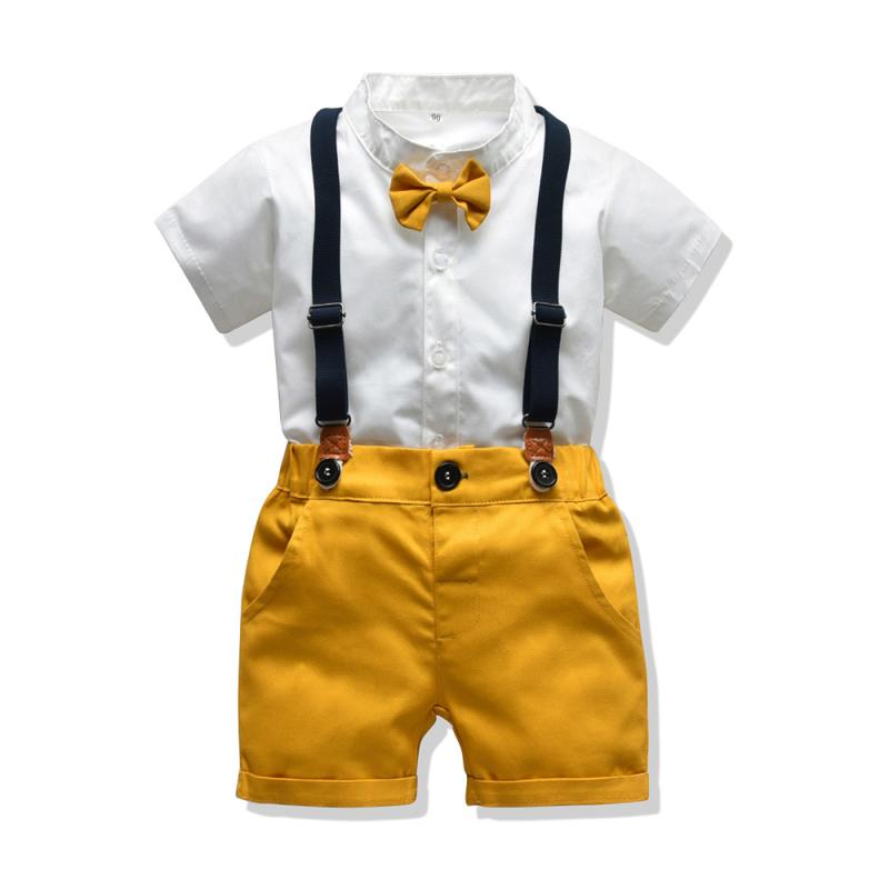 セットアップ 男の子 キッズ 子供服 半袖 サロペット ショートパンツ 2点セット 欧米風 ジェントルマン 紳士 フォーマル 発表会 演奏会 結婚式 春夏秋 綿素材 柔らかい 黄色