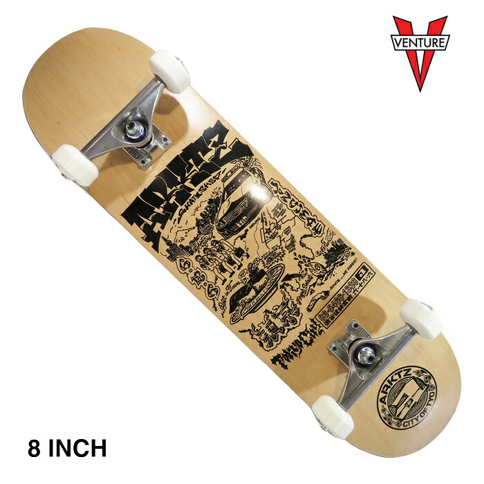 【スケボー/スケートボード/完成品】【送料無料】ARKTZ &times; VENTURE コンプリートセットCITY OF MAP DECK / NATURAL / 8"インチ ARKTZ WHEEL 53mm / WHITE初心者にオススメ｜arktz