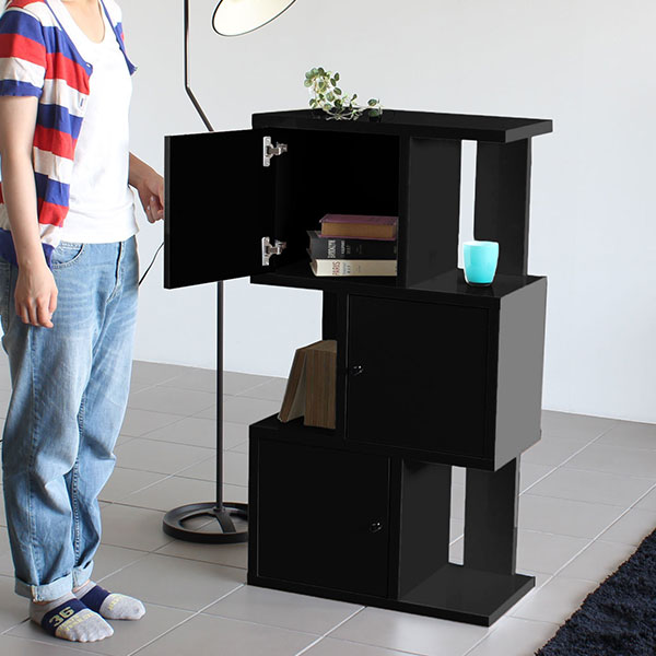 ラックディスプレイラック収納オープンラック扉開き戸3段blackDX-3マガジンラック収納ボックスフタ付きシェルフおしゃれモノトーン高級感鏡面加工メラミンモダンブラック完成品本棚棚美容室オフィス清潔感S字ラックA4飾り棚
