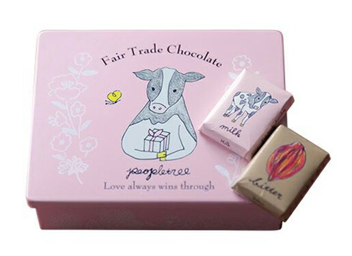People Tree フェアトレードチョコ イラスト缶入り バレンタインパッケージ ミルク ビター ミルクチョコ ビターチョコ 個包装 ピープルツリー チョコ チョコレート かわいい ピンク 牛 イラスト 缶 人気