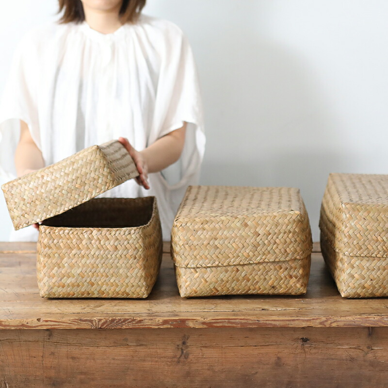 カチュー水草ふた付き四角BOX 3点セット アジアのかご 入れ子 蓋つき