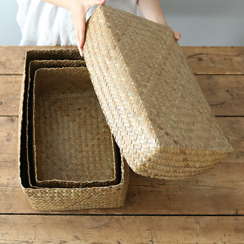 カチュー水草ふた付き四角BOX 3点セット アジアのかご 入れ子 蓋つき