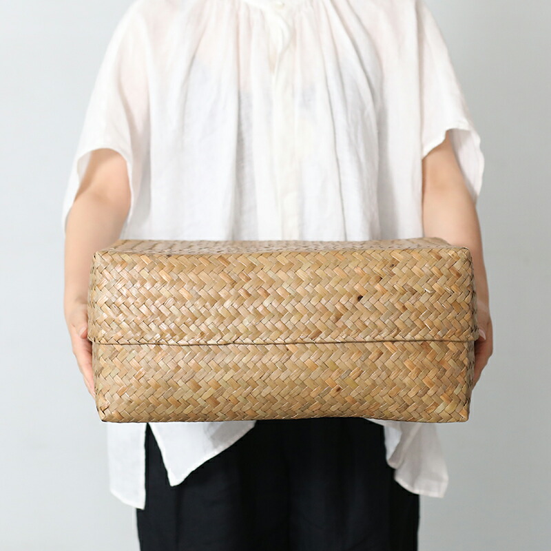 カチュー水草ふた付き四角BOX 3点セット アジアのかご 入れ子 蓋つき