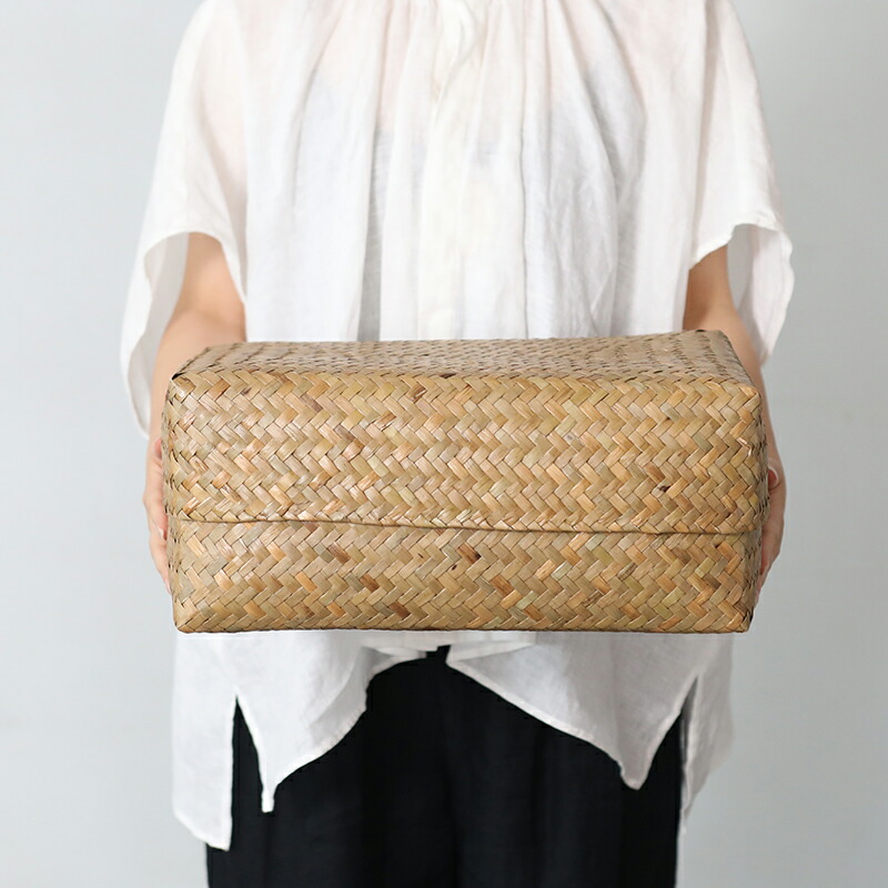 カチュー水草ふた付き四角BOX 3点セット アジアのかご 入れ子 蓋つき