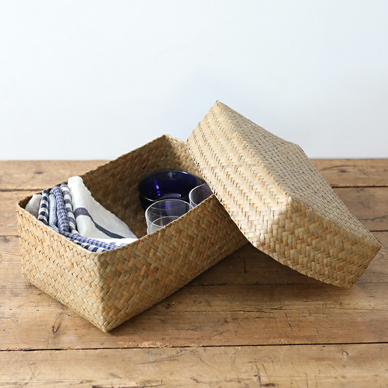 カチュー水草ふた付き四角BOX 3点セット アジアのかご 入れ子 蓋つき