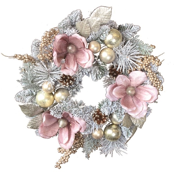 リース クリスマス 冬リース 造花リース花輪 45cm 冬色カラー 造花 玄関オブジェ ウォールディスプレイ ウォールデコレーションアートウォール 壁飾り 壁掛け おしゃれクリスマスリース ピンクマグノリア 営業日12時迄のご注文 入金確認 は即日発送いたします あす楽対応
