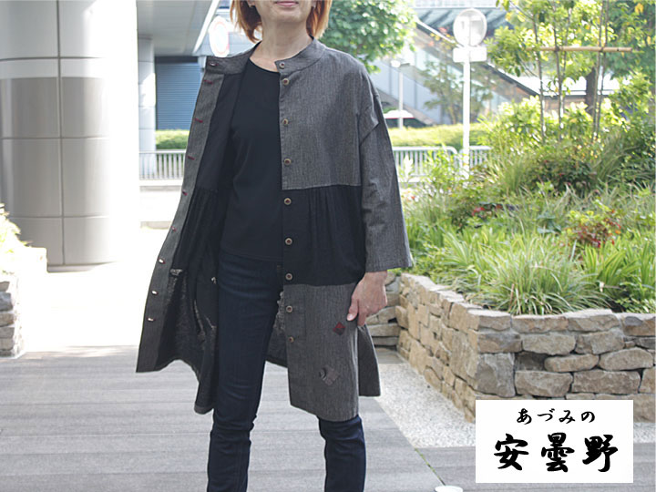 050154 Cherry Pollen《日本製》安曇野レターパックプラス可大きい 婦人服 F(11号~13号相当)ゆったりストライプ 切り替え 和柄 大島紬 ロングジャケット コート シャツチュニック 動画有|AROVEINA(アロヴィーナ)