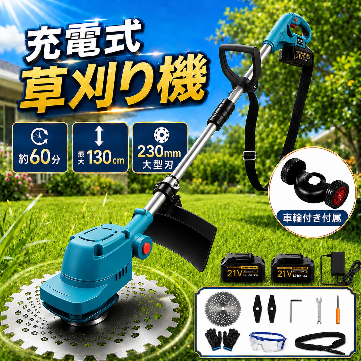 【新店オープン特典！10％OFF】草刈り機 充電式 草刈機 電動 刈払機 コードレス マキタ交換対応バッテリー ブラシレスモーター 9インチ 刈込幅255mm 3種類替刃 肩掛 車輪付属 グラストリマー 角度調整 芝刈り機 枝切り庭 PSE認証 1年保証 日本語説明書｜KOGU店