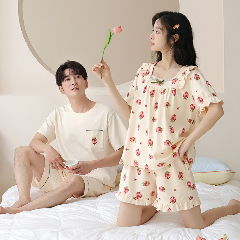 おしゃれ カップル ペア 部屋着 半袖 夏 男女2着 ペア パジャマ セット 春夏 レディース メンズ ルームウェア パジャマ 綿 ペアパジャマ ギフト 結婚祝い プレゼント スウェット 上下セット パジャマ カップル お揃い プレゼント ペアルック いちご 可愛い 送料無料
