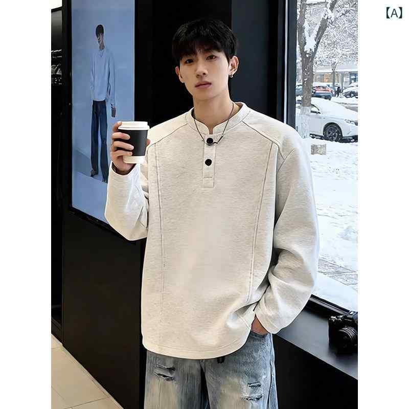 ファッション 春夏 秋冬 かっこいい オシャレ モテ 男性用 紳士服 服 韓国 シンプル 大人 グレー　ヘンリー　カラー　ス