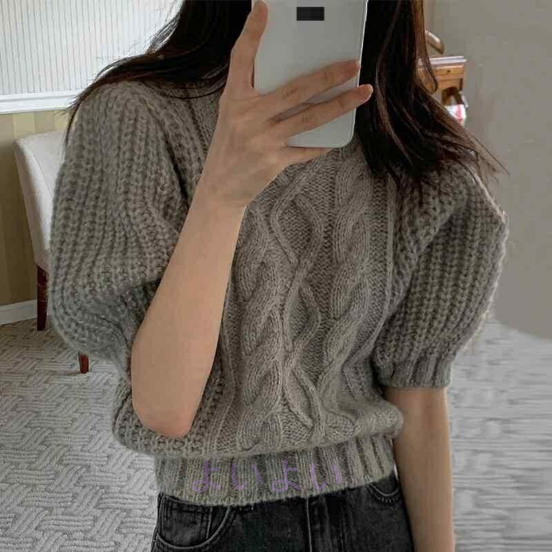 ツイスト ラウンドネック 春秋 甘い セーター レディース 上品 スタイル お洒落 キレイ 半袖 ショート フレンチ トップ パフスリーブ カワイイ