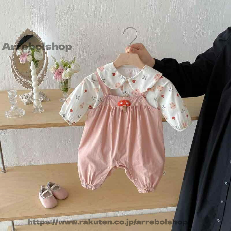 【送料無料】ベビー服 女の子 韓国 秋冬 襟付き ブラウス マッシュルーム柄 サロペット セットアップ 長袖 長ズボン ピンク 綿素材 柔らかい 肌に優しい 普段使い お出かけ