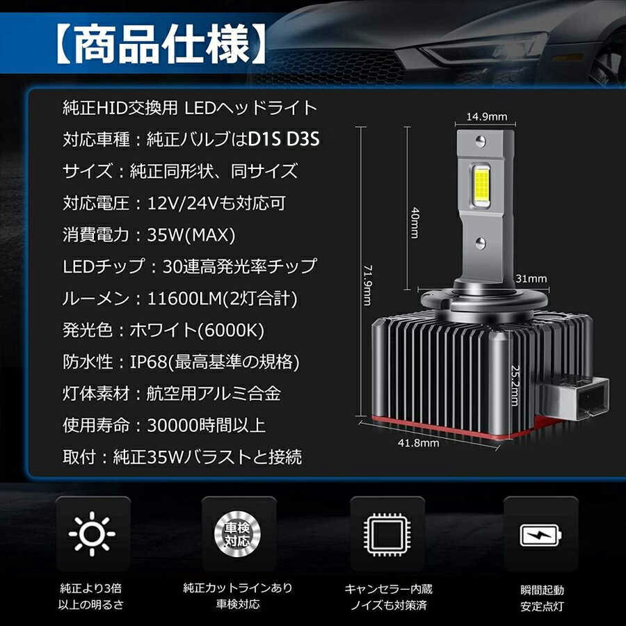 格安新品 D1S D3S LED ヘッドライト 11600LM ホワイト 6000K 12V 24V BMW ベンツ キャンセラー内蔵 ノイズ対策  車検対応 純正交換 ポン付け 純正HIDバラスト接続 fucoa.cl