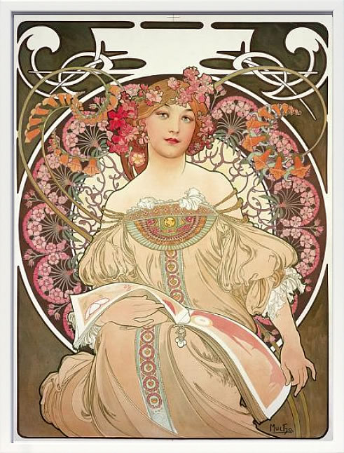 アルフォンス・ミュシャ　羽根ペン　リトグラフ　絵画　額縁　大型　美術品 ミュシャ『羽根ペン』 リトグラフ・送料無料・新品額装・UV