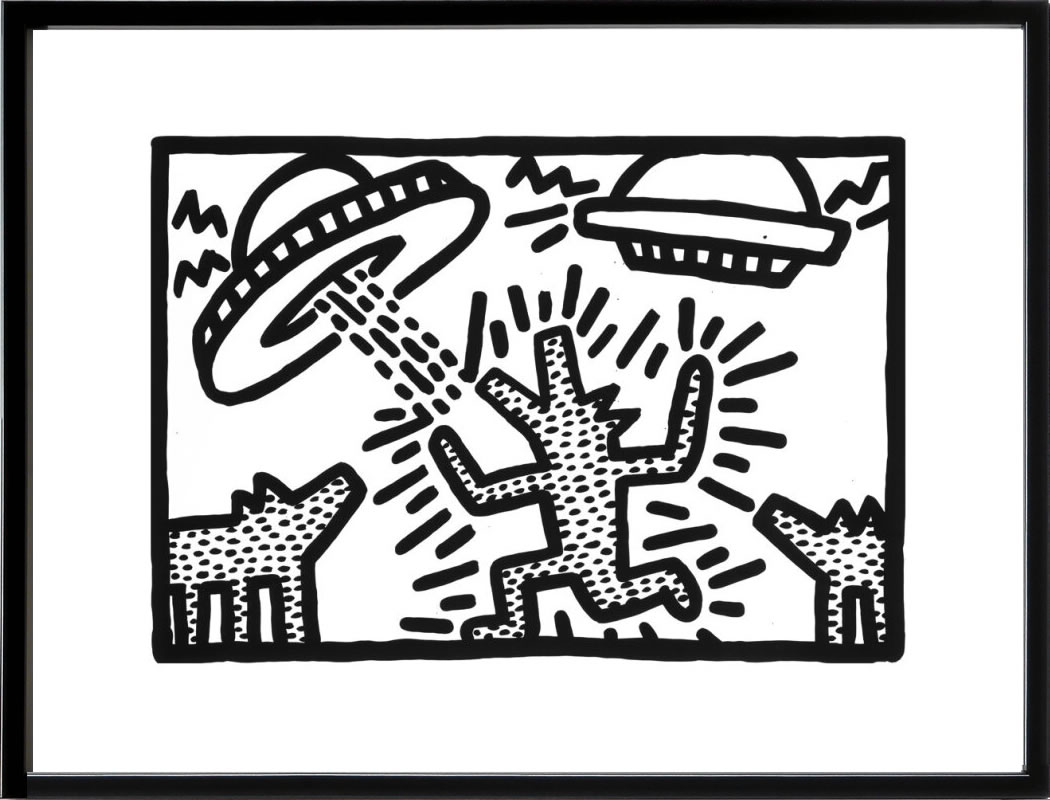 キース ヘリング ポスター 絵画 作品 グッズ アートパネル アートポスター ポップ アート 絵 複製画 版画 リトグラフ シルクスクリーン アートフレーム インテリア フレーム付き 壁掛け 北欧 おしゃれ キース・ヘリング Untitled, 1982 (dogs with UFOs)