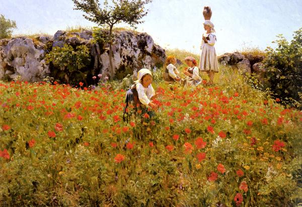 油絵 Pedersen Viggo Christian Frederick Wilhelm_ ヒナゲシ摘み　MA889