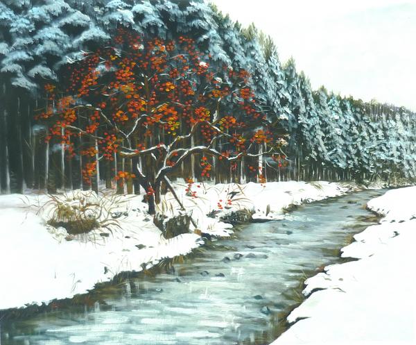 特価油絵　残り柿と雪景色　MA1422｜絵画制作専門ユーラシアアート