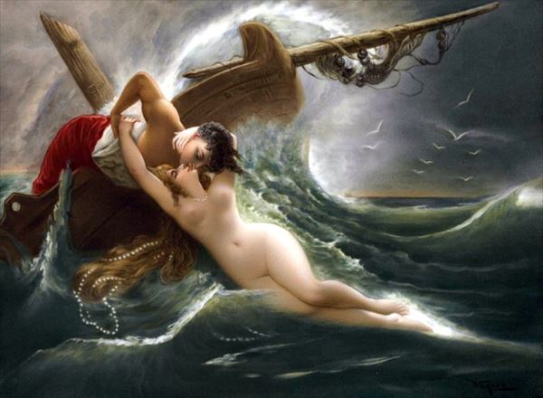 油絵　海の精セイレンのキス　MA1763画像