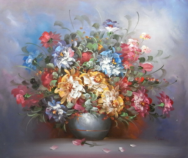 Paul H. Morgan 花瓶の花 油彩画 油彩画 花瓶の花 1985年製 Paul H. Morgan 花瓶の花 油彩画 -
