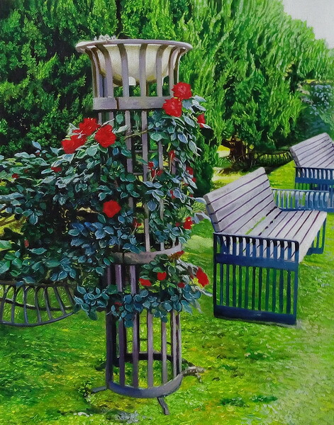 特価油絵 公園の赤いバラとベンチ MA3031|絵画制作専門ユーラシアアート