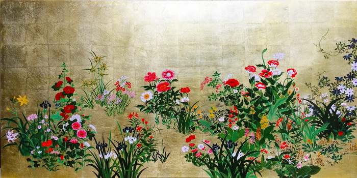 消費税無し 漆絵 酒井抱一の名作 四季花鳥図 左隻 nh43L kead.al